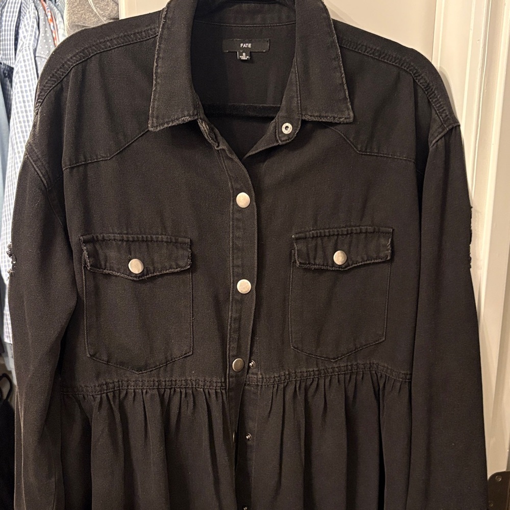 Fate Black Snap-Front Denim-Style Shirt Dress